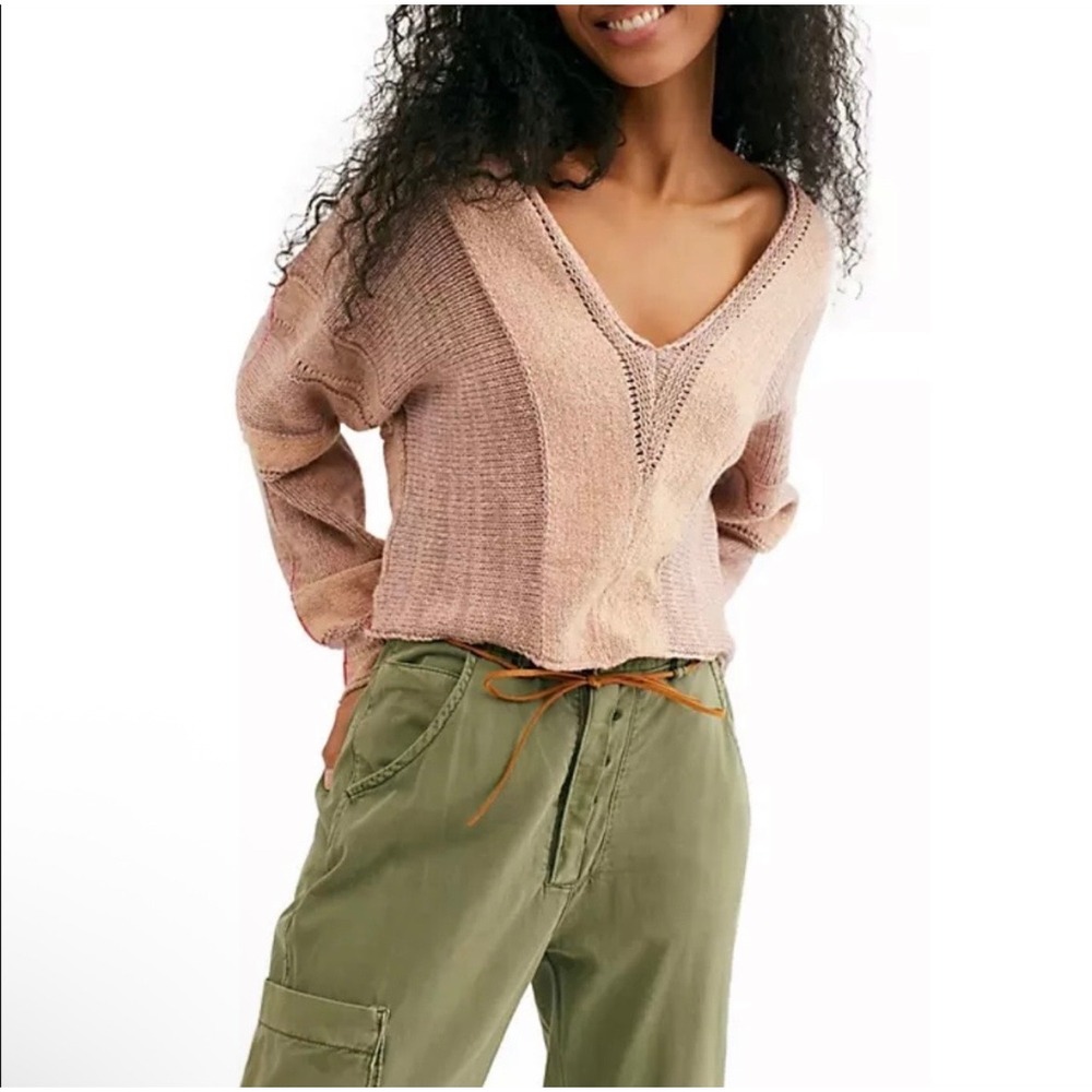 Free People Lemonade Stand Sweater Oversized Cropped V-Neck Pink Multi Small